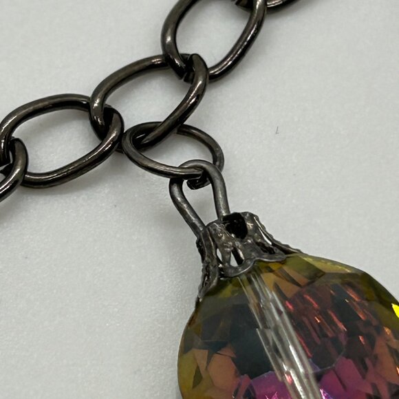 Aurora Borealis Crystal Charm Bracelet W/ Cameo Pendant Antique Black Chain Desi - Picture 9 of 16